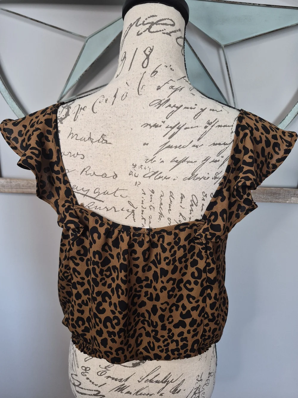 Sienna Sky Brown and Black Leopard Ruffle Sleeve Faux Wrap Smocked Hem Top - S